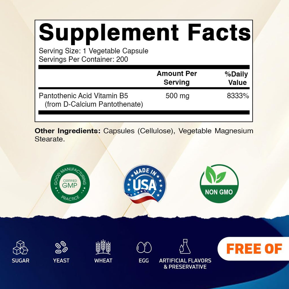Vitamatic Pantothenic Acid bottle label highlighting 500 mg per capsule