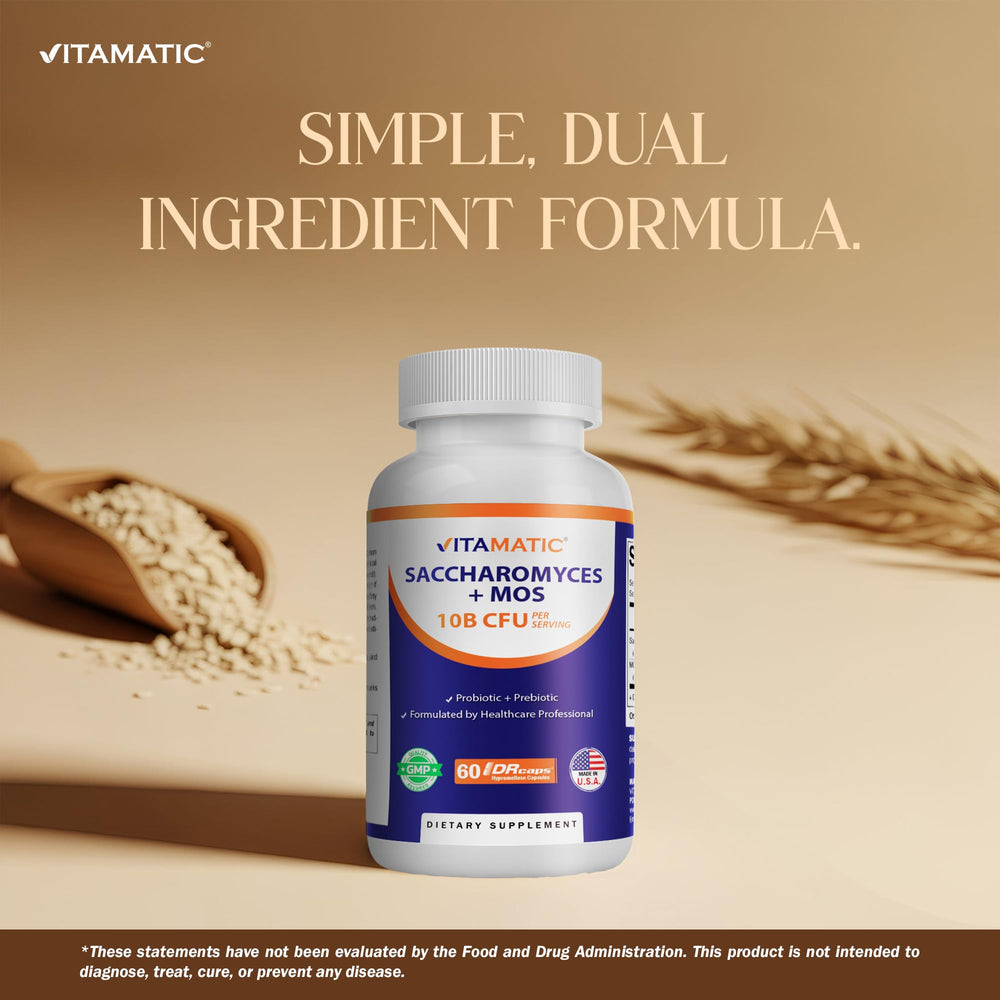 Ingredients label showing MOS yeast fraction in Vitamatic probiotic.