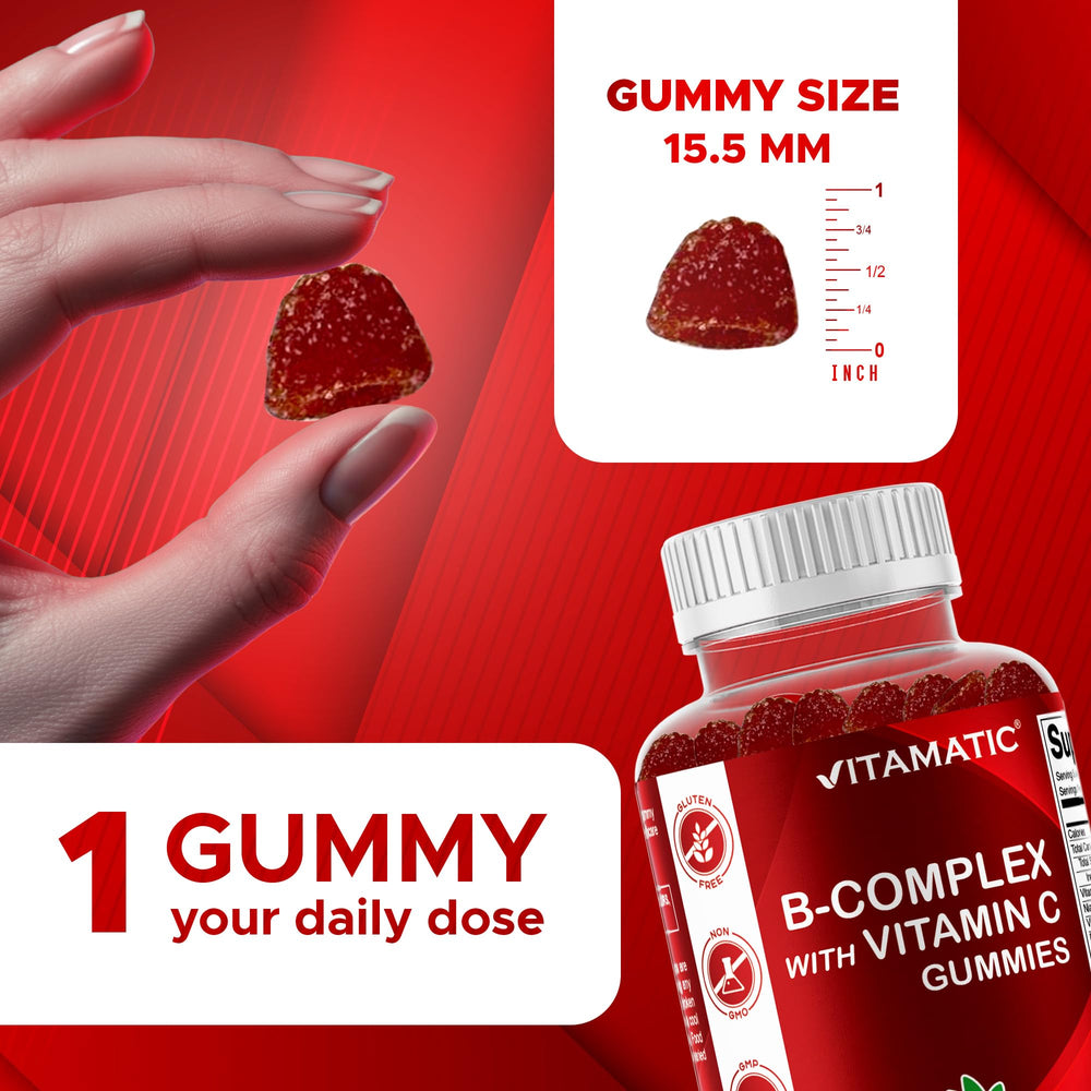 Vitamatic Vitamin B Complex Gummies ingredient panel highlights vegan, non-GMO formula.