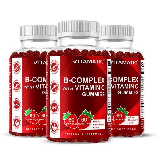 Vitamatic B Complex Gummies bottle with natural strawberry flavor for easy daily nourishment.