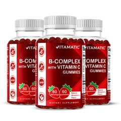 Vitamatic B Complex Gummies bottle with natural strawberry flavor for easy daily nourishment.
