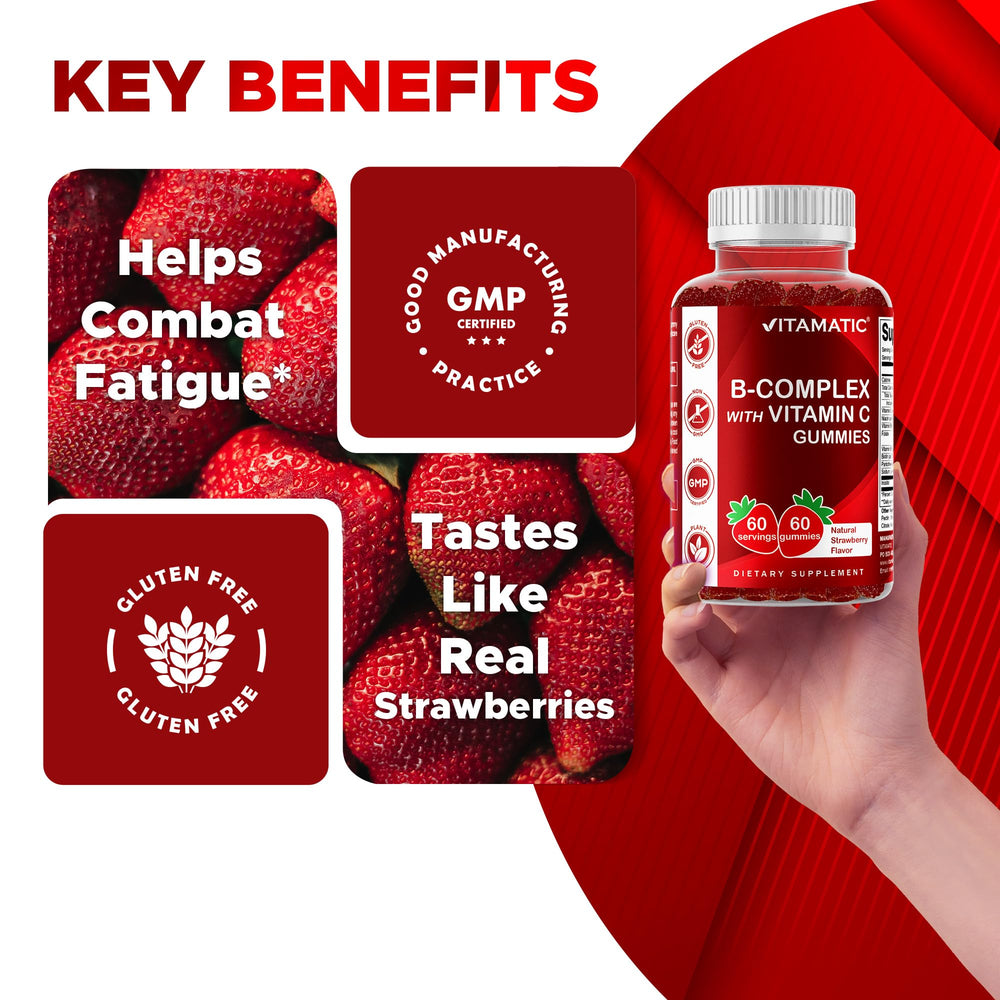 Vitamatic vegan-friendly label signals plant-based sourcing for the gummies.