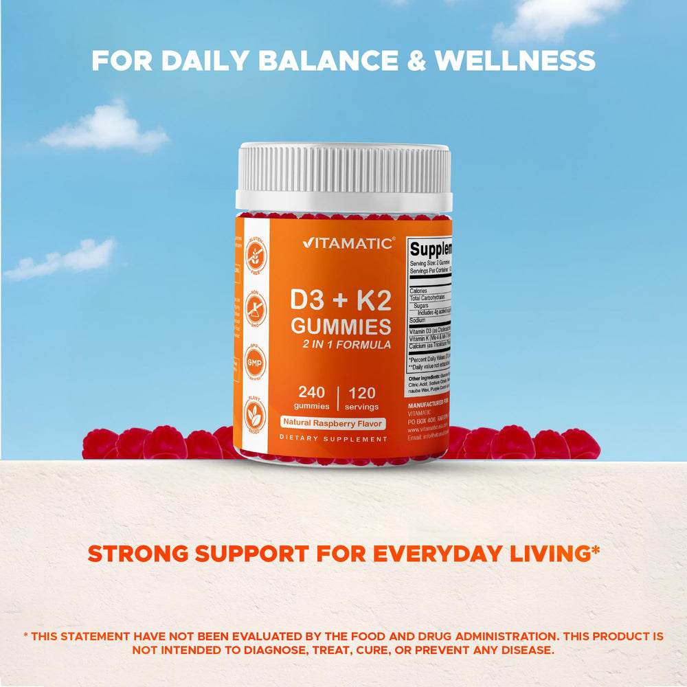 Gluten-free seal on Vitamatic gummies packaging for allergen-friendly appeal