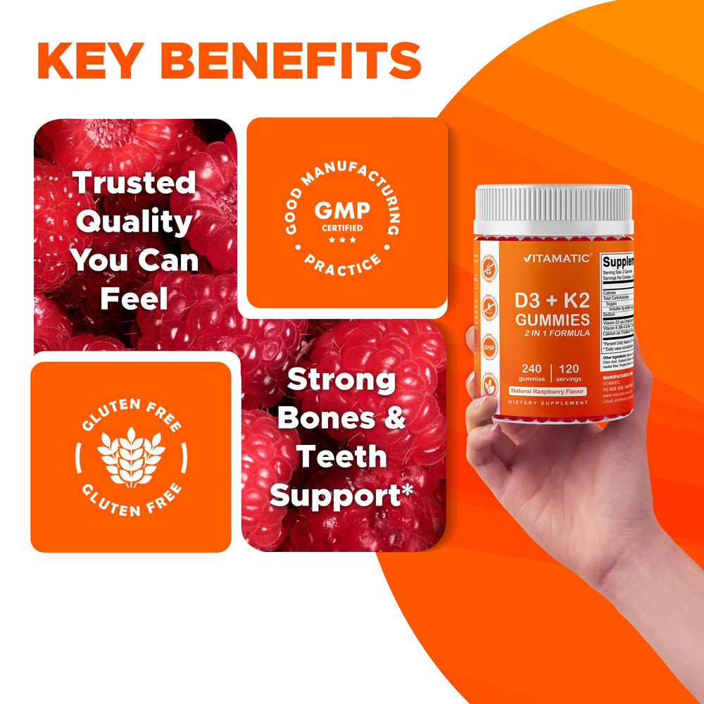 Non-GMO label on Vitamatic gummies bottle emphasizing quality
