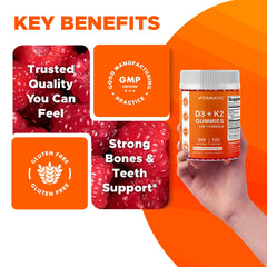 Non-GMO label on Vitamatic gummies bottle emphasizing quality