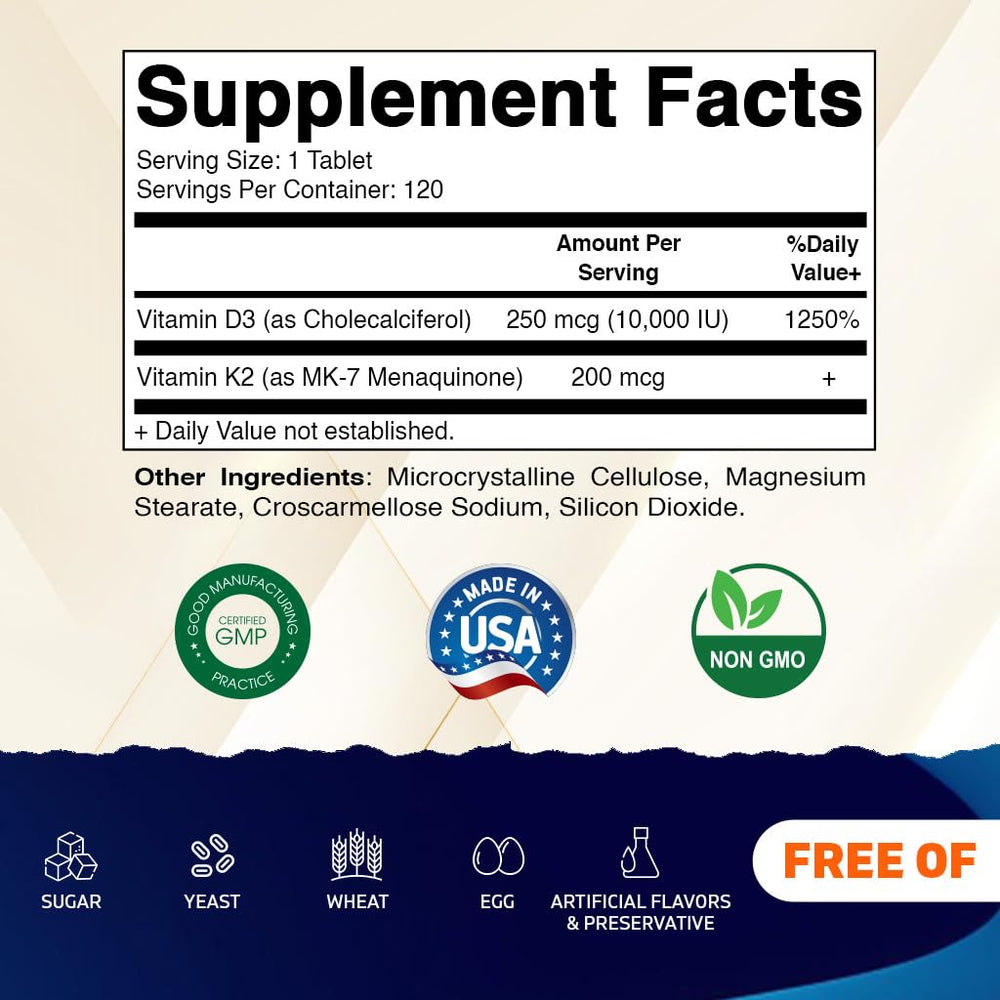 Vitamatic Vitamin D3 K2 bottle back with ingredient details.