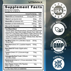 Vitamax Elderberry Vitamin C D3 capsules bottle emphasizes immune-friendly nutrition and vitality.