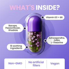 Vitamax Pure Calm ginkgo biloba focus cue in bottle imagery.