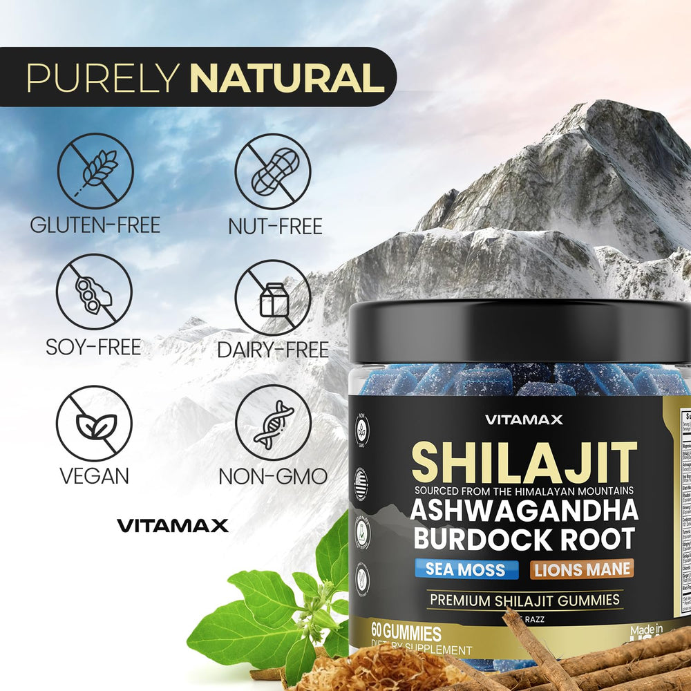 Vitamax Shilajit Gummies vegan and Non-GMO label on the package