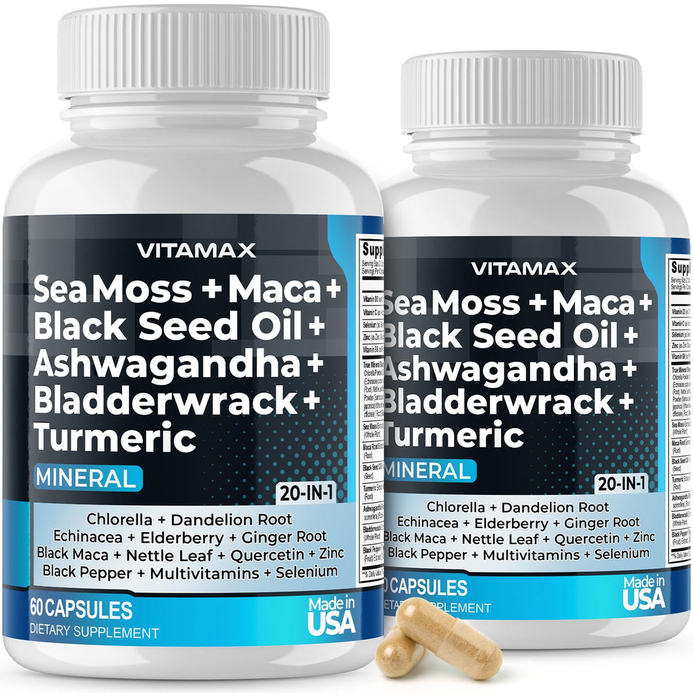 Vitamax True Mineral Sea Moss capsules bottle shows mineral-rich daily intake potential.