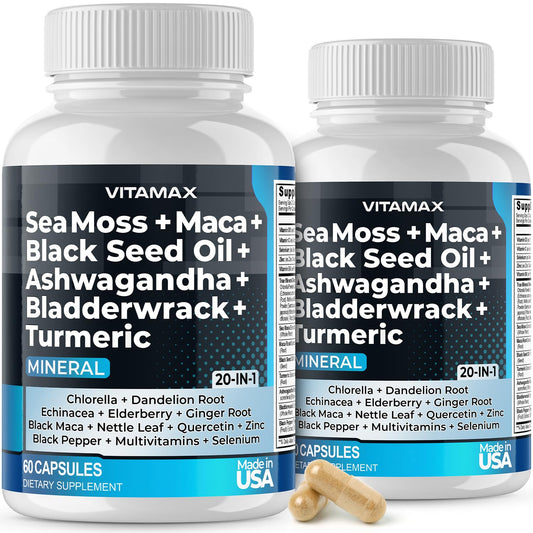 Vitamax True Mineral Sea Moss capsules bottle shows mineral-rich daily intake potential.