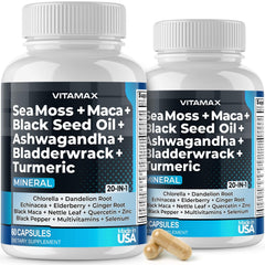 Vitamax True Mineral Sea Moss capsules bottle shows mineral-rich daily intake potential.