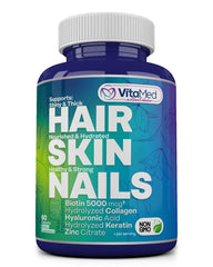 VitaMed Hair, Skin & Nails bottle front promoting daily beauty support for hair and nails.