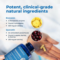 Label detail on VitaMedica Bromelain & Quercetin highlighting high-potency bromelain 2400 GDU