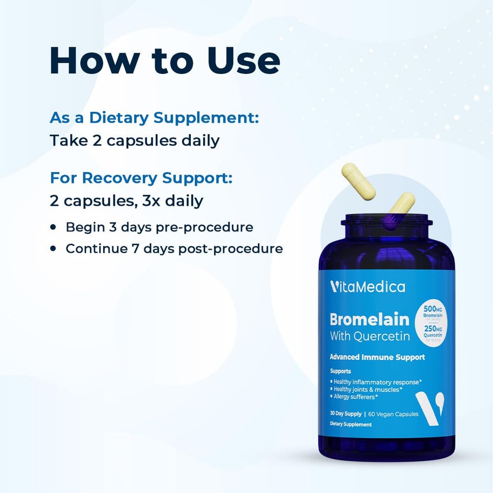 Packaging image of VitaMedica Bromelain & Quercetin bottle with glass