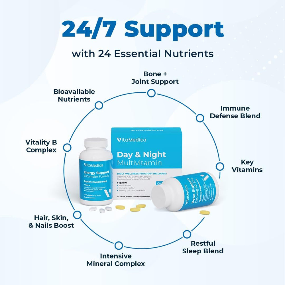 VitaMedica Day and Night morning capsules spilled to illustrate simple routine