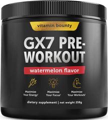 Vitamin Bounty GX7 pre-workout watermelon bottle showing energy support