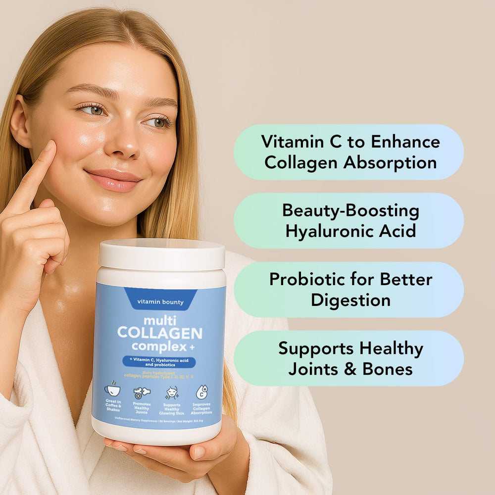 Vitamin Bounty collagen powder scoop beside container for easy measuring