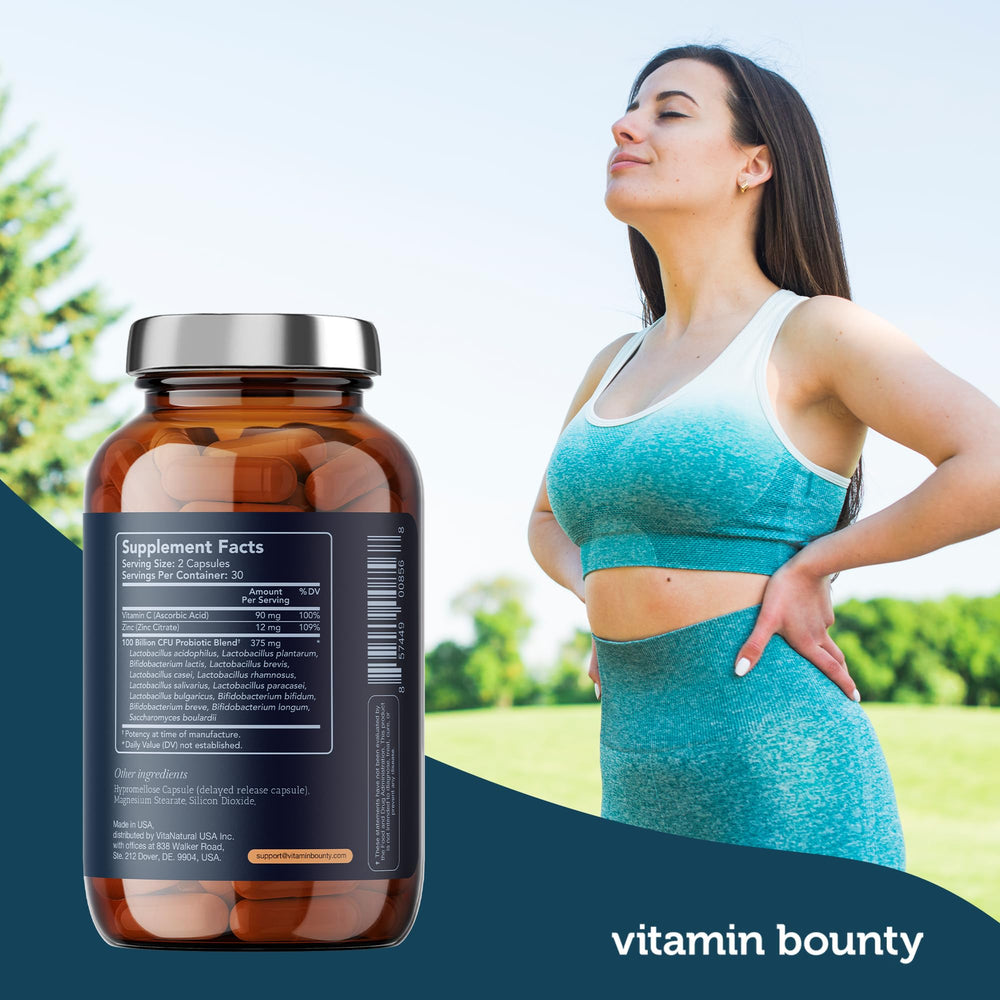 Vitamin Bounty Pro-100 bottle open with capsules for daily use.
