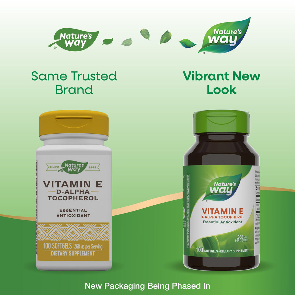 Nature's Way Vitamin E d-alpha tocopherol softgels for daily cell health support.