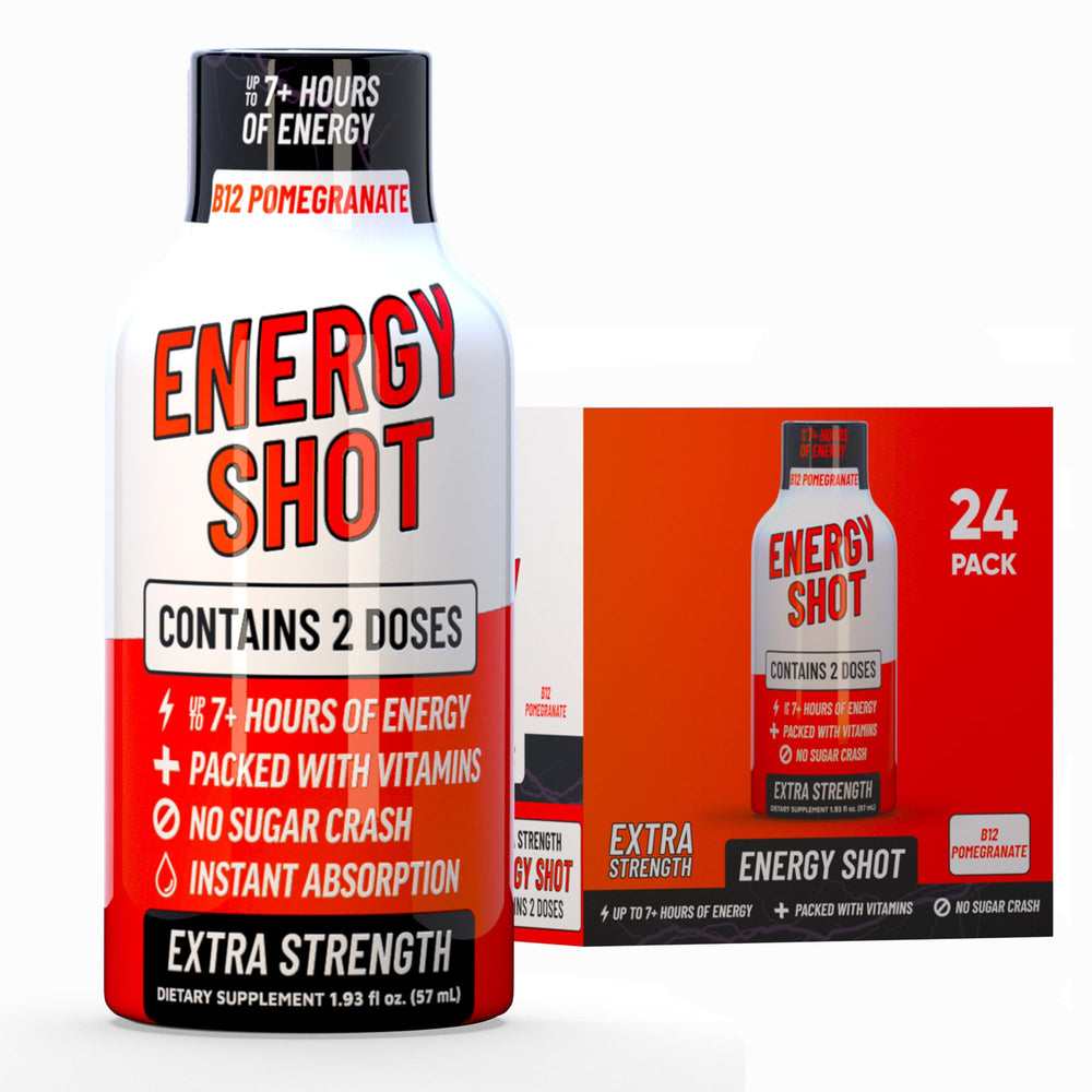 Vitamin Energy B12 Acai Pomegranate Shot bottle front highlights energy boost.