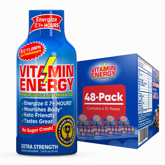 Vitamin Energy B12 shot acai pomegranate bottle delivers focused daytime energy.