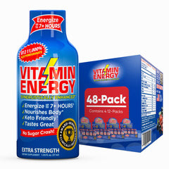 Vitamin Energy B12 shot acai pomegranate bottle delivers focused daytime energy.