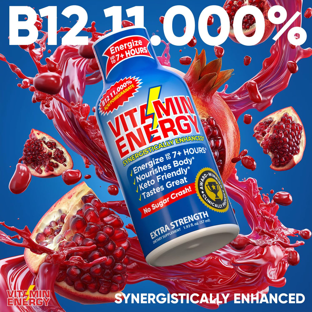 Vitamin Energy B12 shot glass setup illustrates ready-to-drink energy on the go.