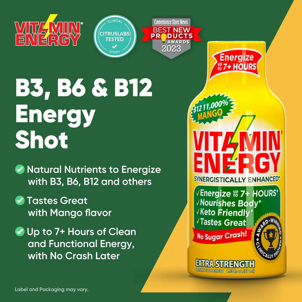 Vitamin Energy B12 shot mango keto-friendly formula supports steady energy