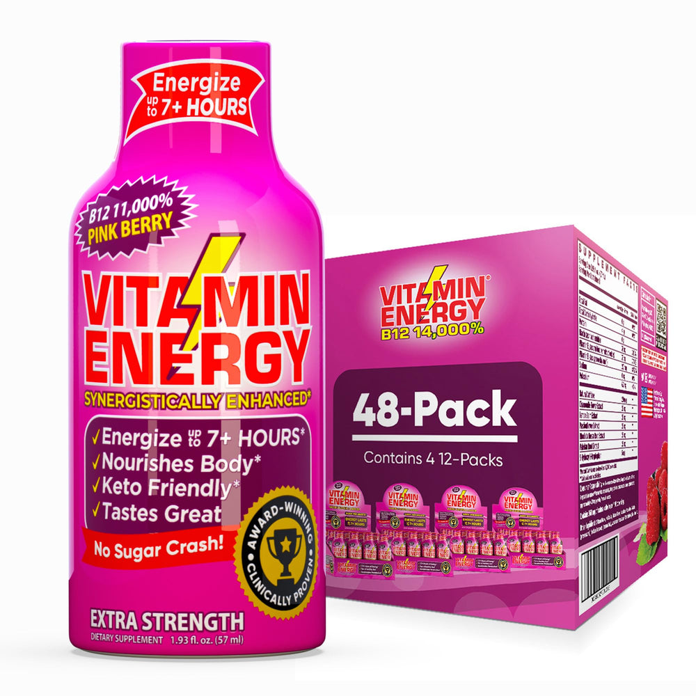 Vitamin Energy B12 Pink Berry bottle for quick, on-the-go energy.