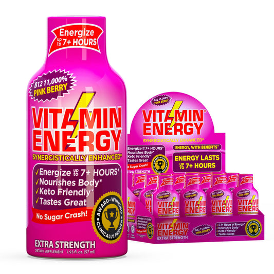 Vitamin Energy B12 pink berry shot bottle ready for focused use