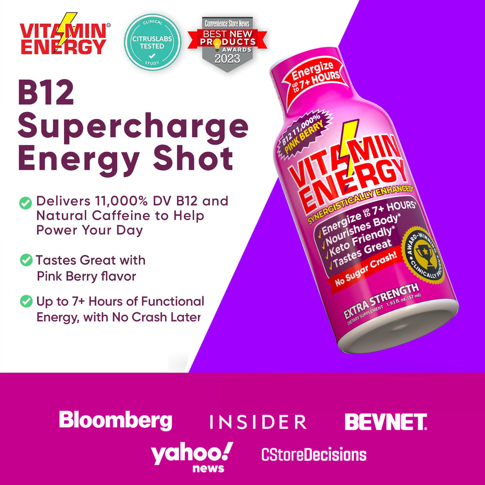 Ingredients panel showing Taurine and L-Theanine in Vitamin Energy pink berry