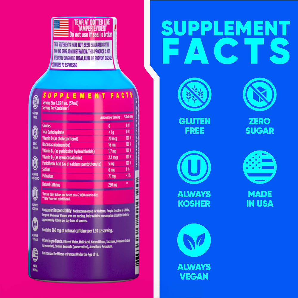 Pouring Vitamin Energy berry shot into a glass for a quick energy lift.