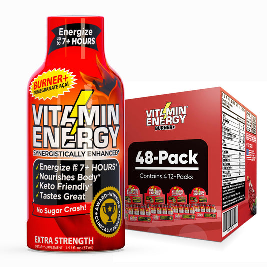 Vitamin Energy Burner+ Pomegranate Acai front view with 48-pack packaging for sustained energy