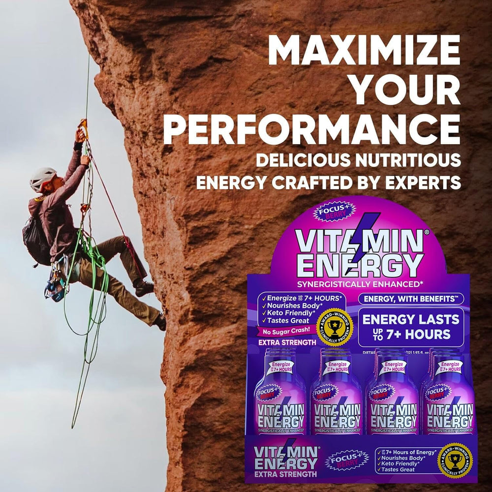 Box and bottles of Vitamin Energy Focus+ Berry Shot arranged for display
