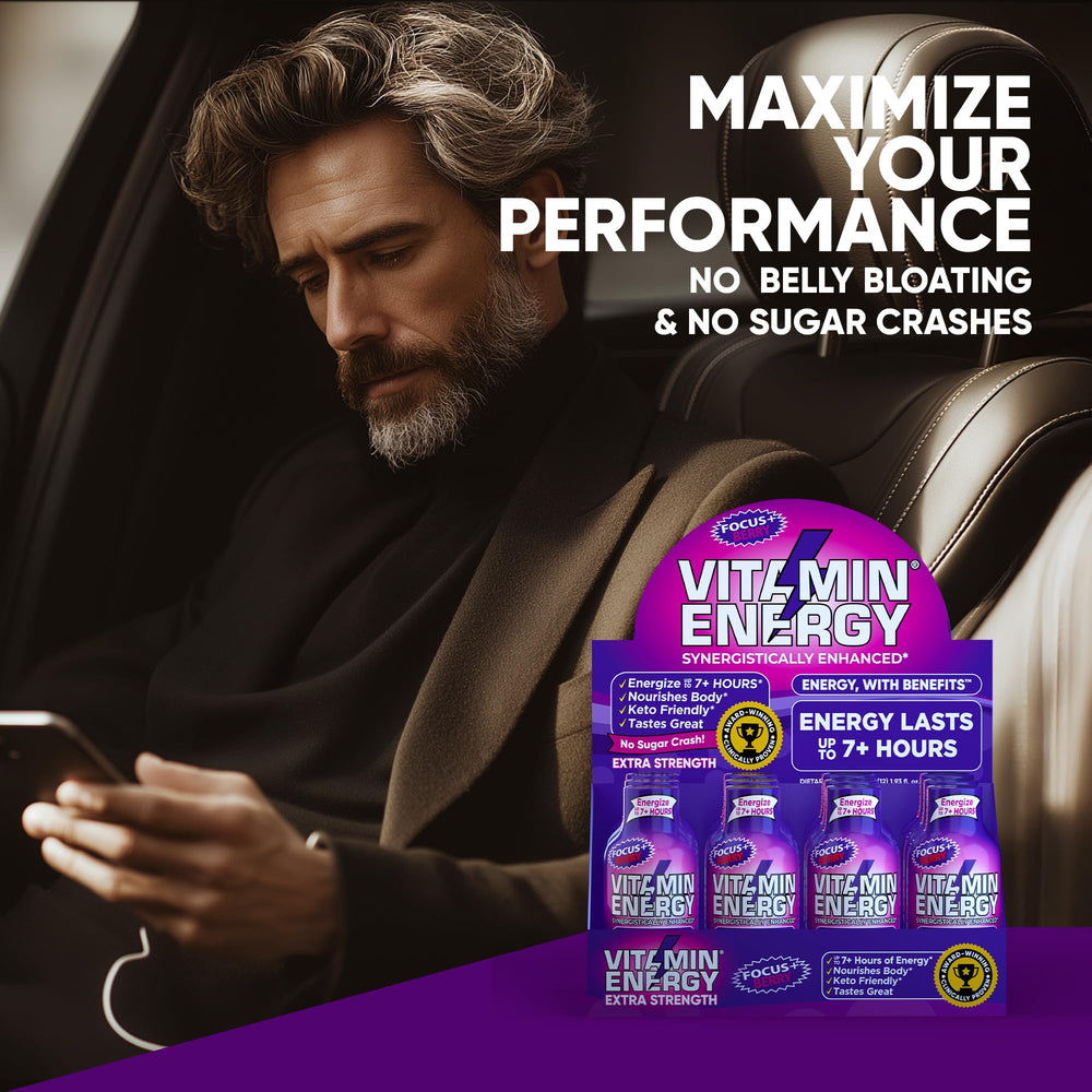 Closeup of the dosage panel on Vitamin Energy Focus+ Berry Shot