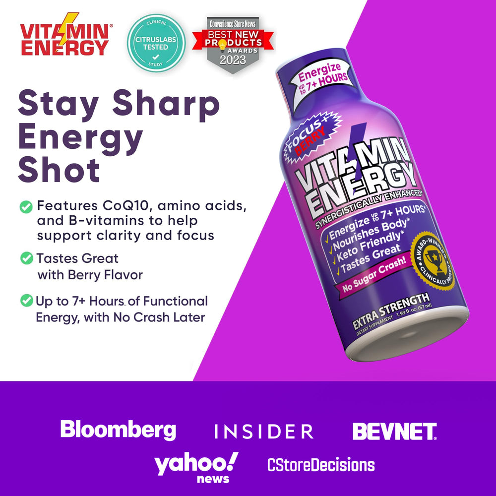 Vitamin Energy Focus+ Berry Shot packaging box showing 48-pack value