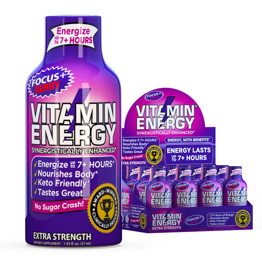 Vitamin Energy Focus+ Berry Shot pack display powering on-the-go energy.