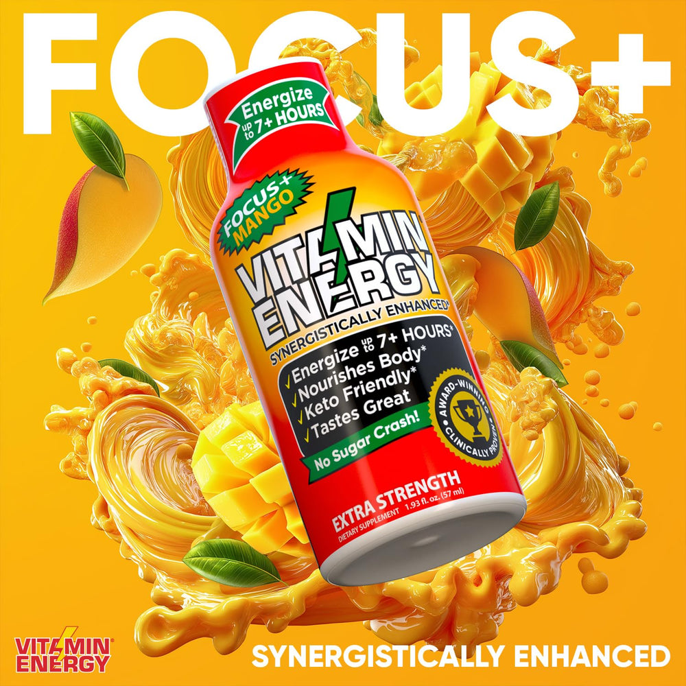 Vitamin Energy Focus+ bottle with label closeup highlighting ingredients.