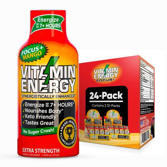 Vitamin Energy Focus+ mango bottle ready for on-the-go energy.