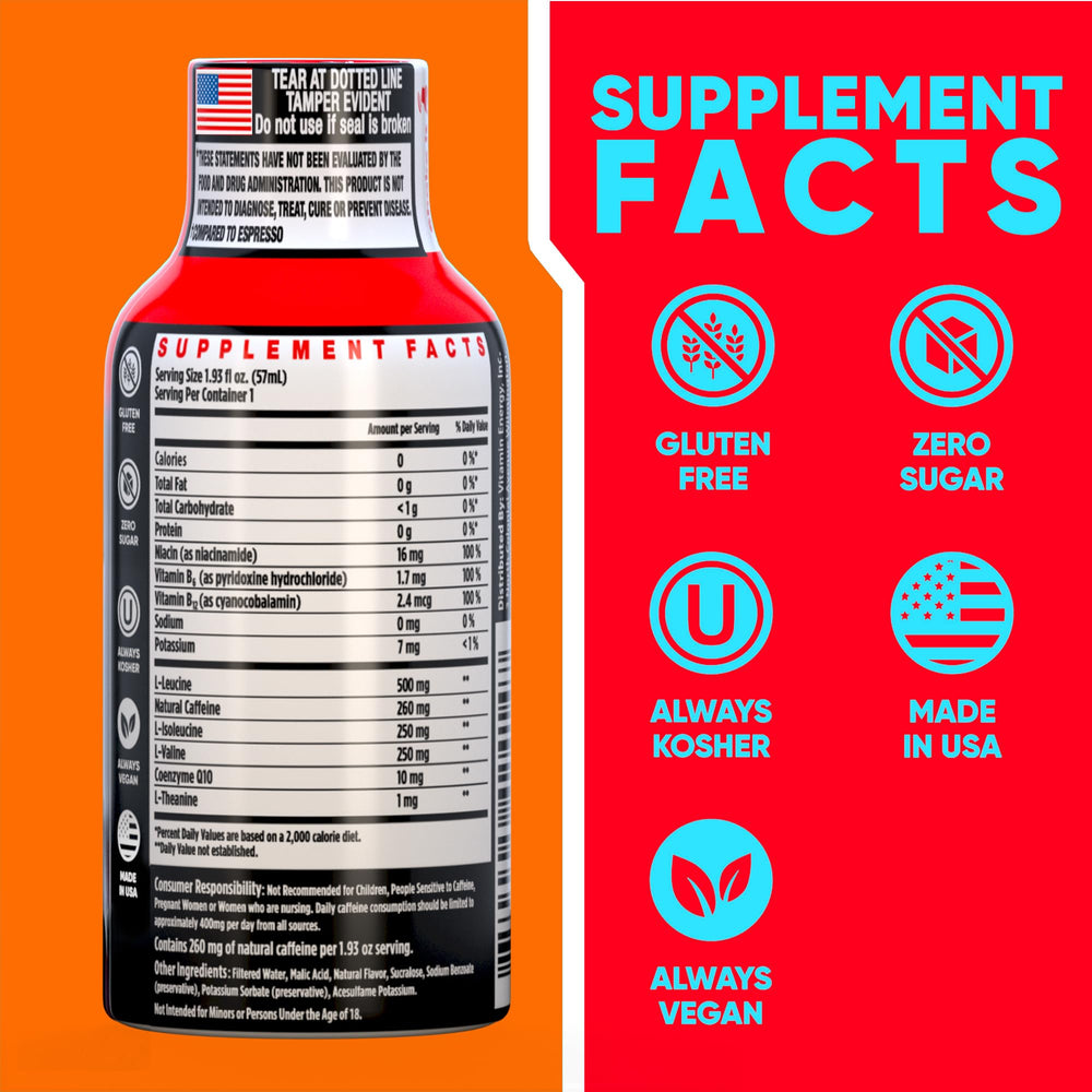 Vitamin Energy Focus+ mango shot pouring into a glass for quick focus.