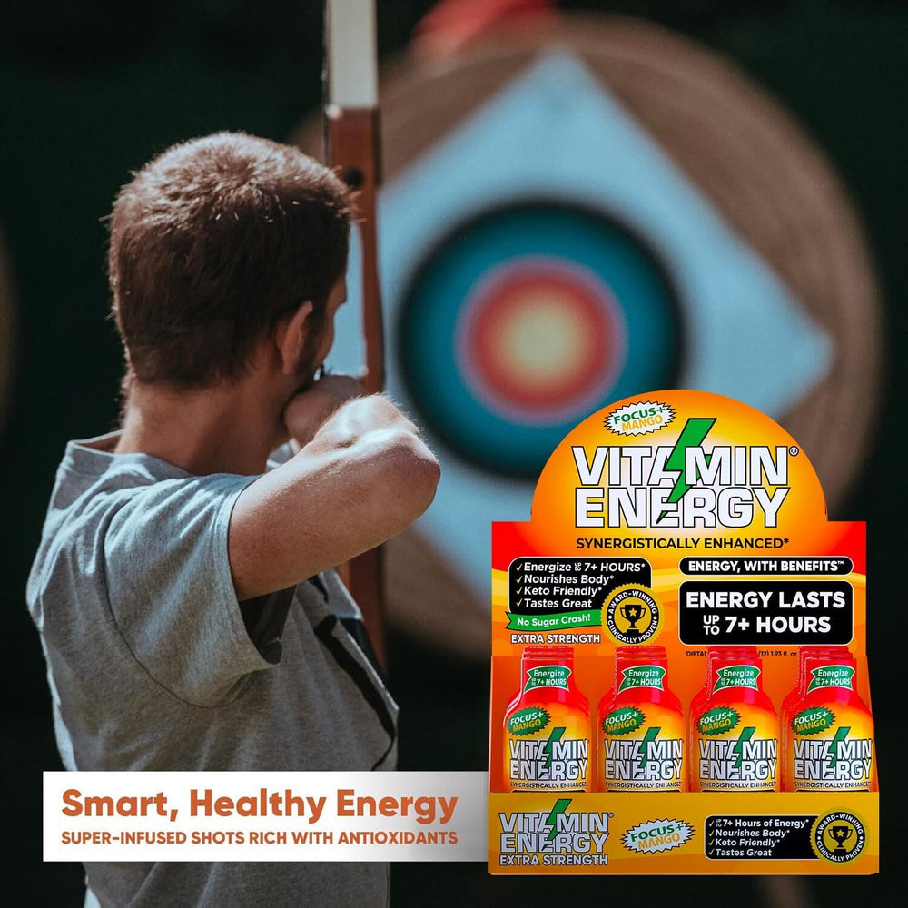 Vitamin Energy Focus+ vegan and gluten-free badge signals dietary compatibility.