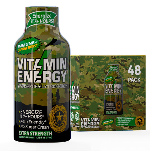 Vitamin Energy Immune+ Army Orange bottle on display for sustained energy