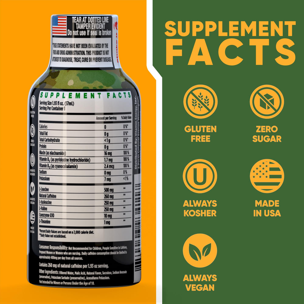 Vitamin Energy Immune+ bottle pouring shows convenient shot for quick boosts.