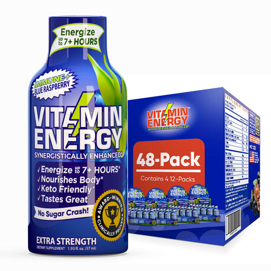 Vitamin Energy Immune+ shot front label, blue raspberry flavor, zero sugar.