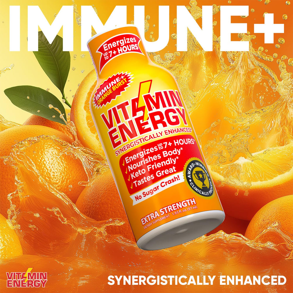Vitamin Energy Immune+ bottle pouring into glass highlighting 260mg caffeine