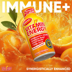 Vitamin Energy Immune+ bottle pouring into glass highlighting 260mg caffeine