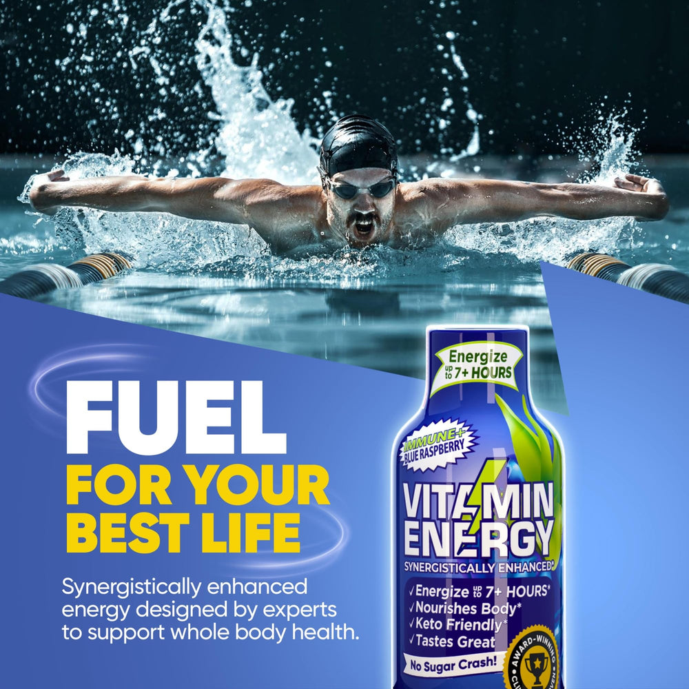 Blue raspberry flavor splash on Vitamin Energy Immune+ shot