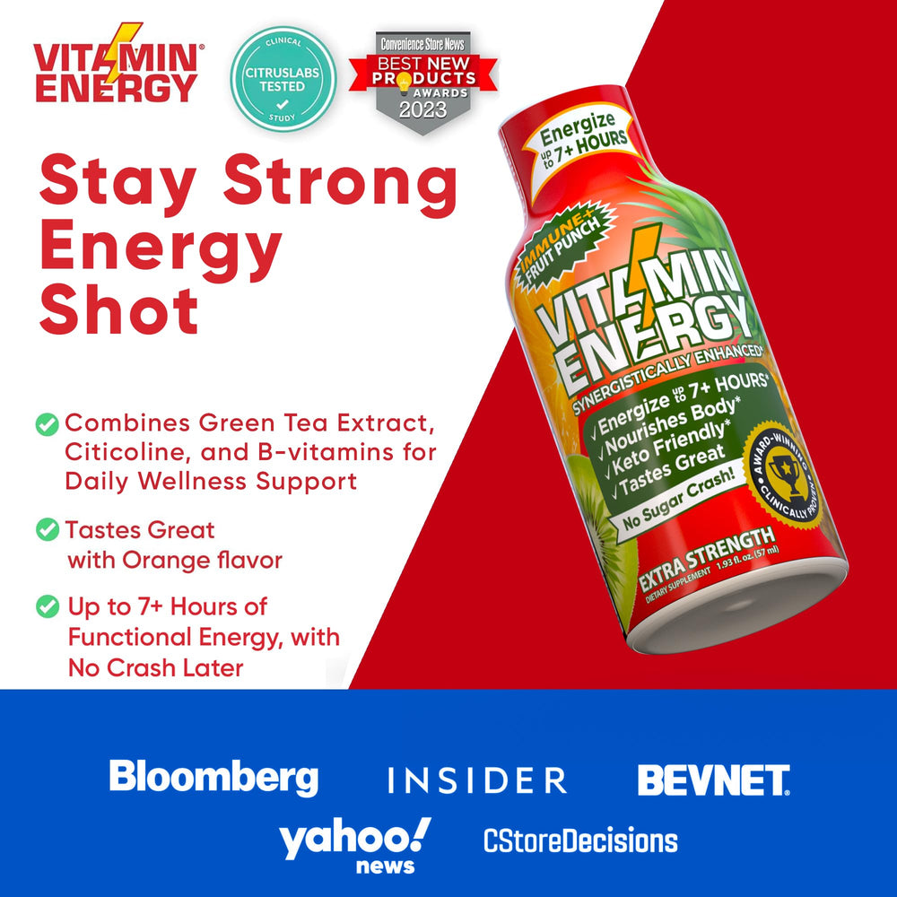 Vitamin Energy Immune+ Shot ingredients-label clearly lists caffeine and vitamins
