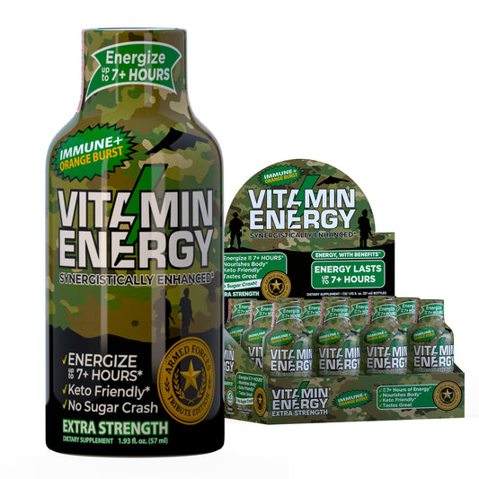 Vitamin Energy Immune+ orange bottle showing energy-focused formula